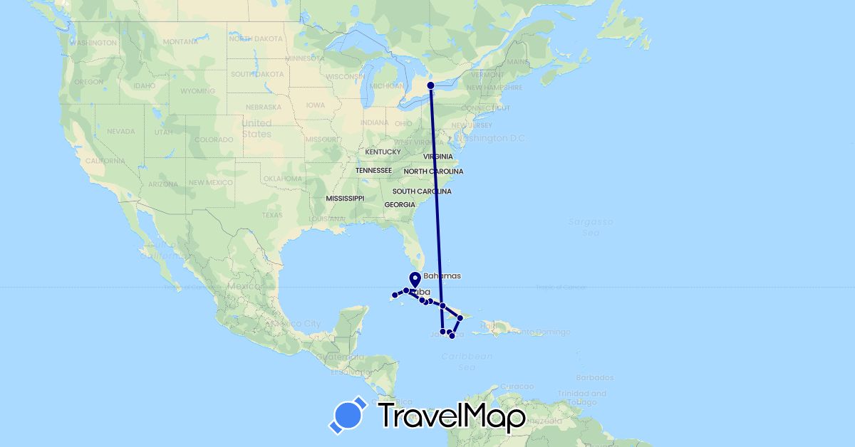 TravelMap itinerary: driving in Canada, Cuba, Jamaica (North America)